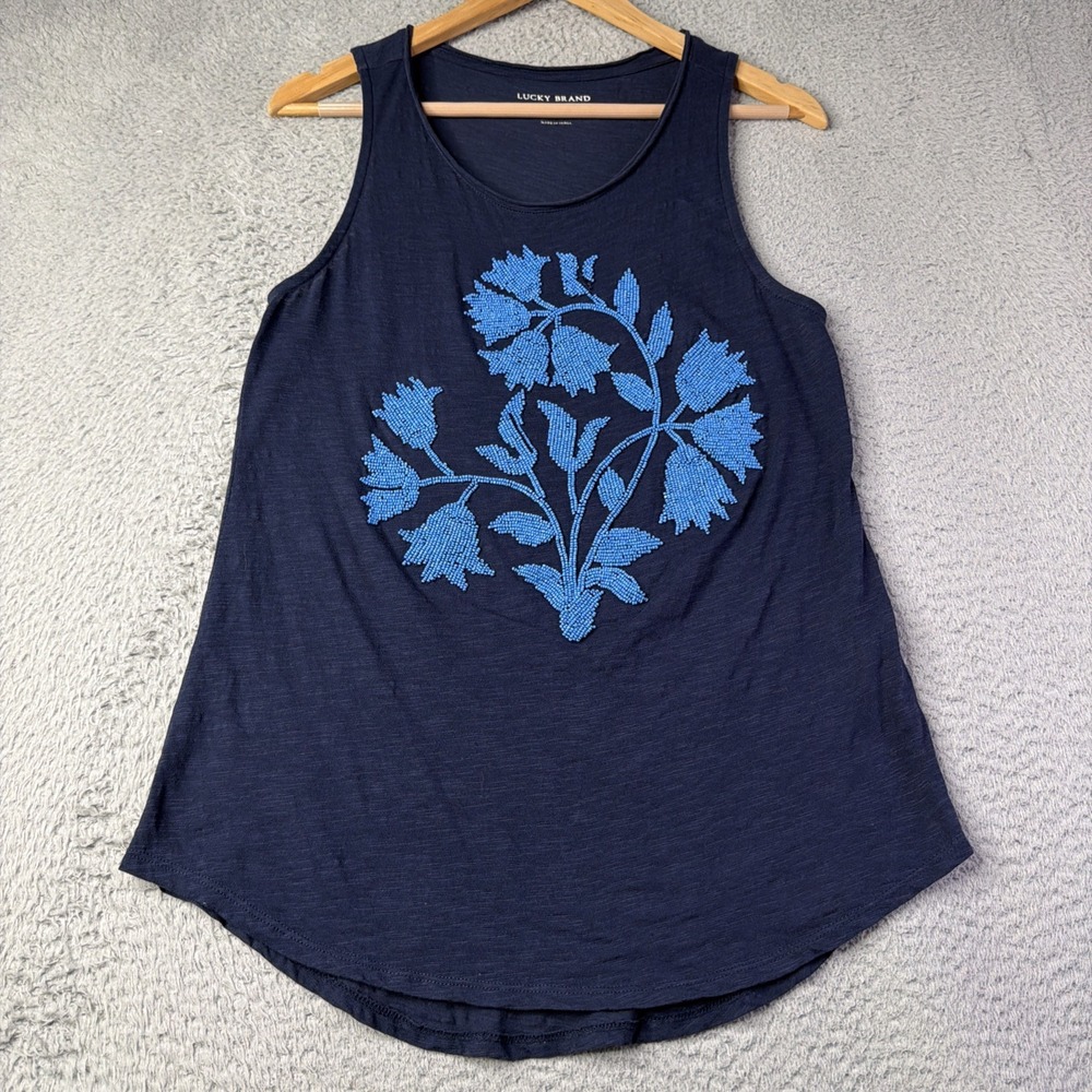 Lucky Brand Top Womens Size Medium Blue Sleeveless Light Blue Floral Beaded Top
